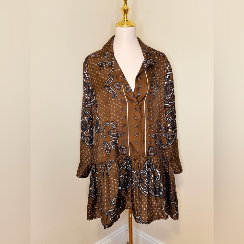 Paisley Button-Front Brown Tunic Top